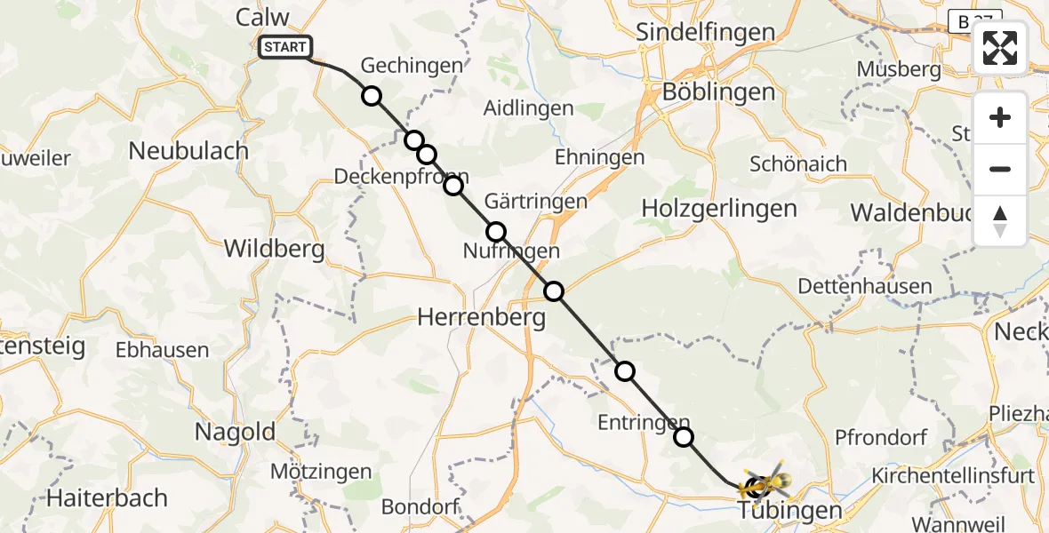 Flugroute Rettungshubschrauber Calw - Tübingen University Hospital, 13 Juli 2026, 07:34