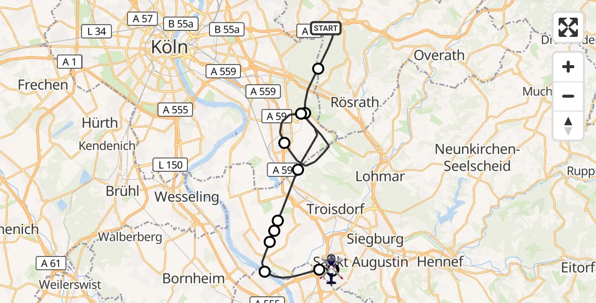 Flugroute Polizeihubschrauber Bergisch Gladbach - Sankt Augustin, 13 Juli 2026, 07:35