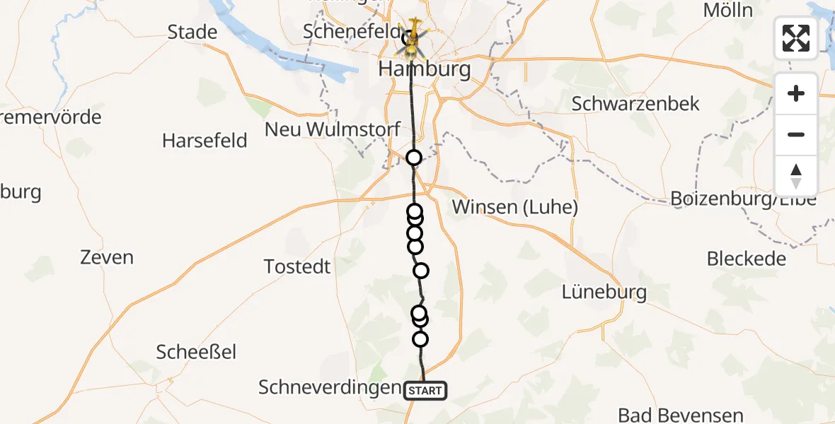 Flugroute Rettungshubschrauber Bispingen - Universitätsklinikum Hamburg-Eppendorf Hubschrauberlandeplatz, 13 Juli 2026, 07:36