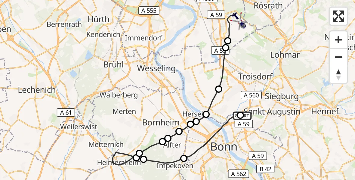 Flugroute Polizeihubschrauber Sankt Augustin - Köln Bonn Flughafen, 13 Juli 2026, 07:41