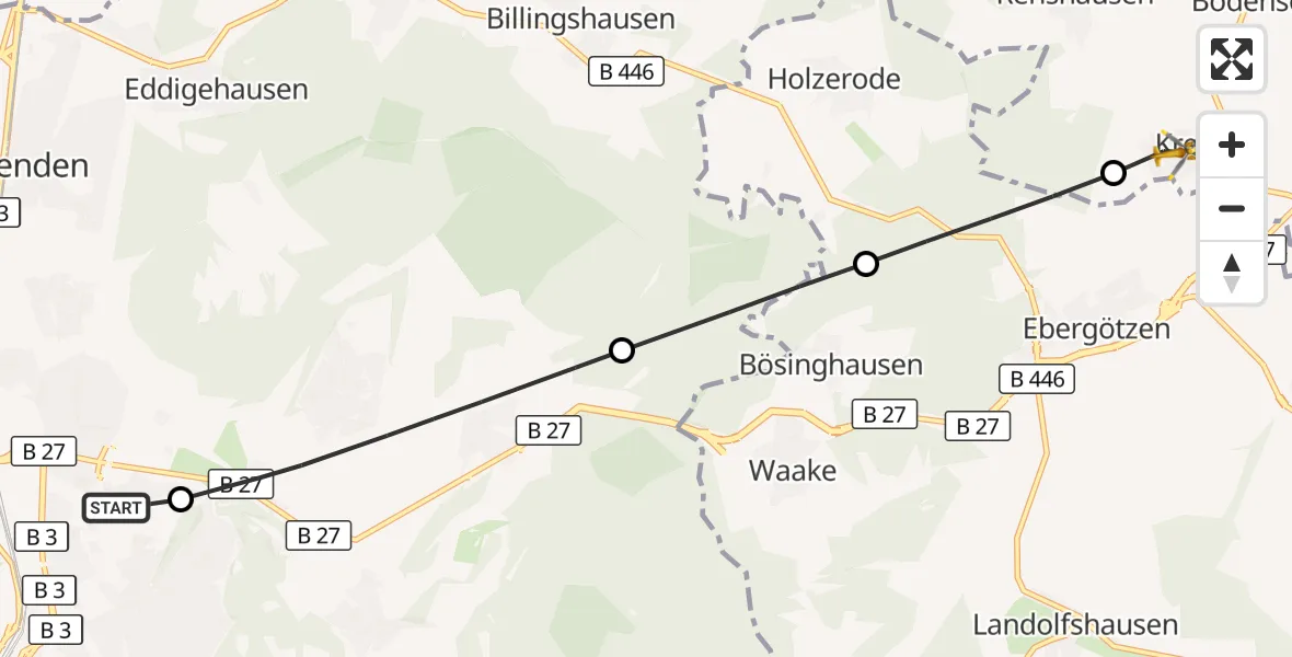 Flugroute Rettungshubschrauber Göttingen University Clinic Hubschrauberlandeplatz - Krebeck, 13 Juli 2026, 07:41
