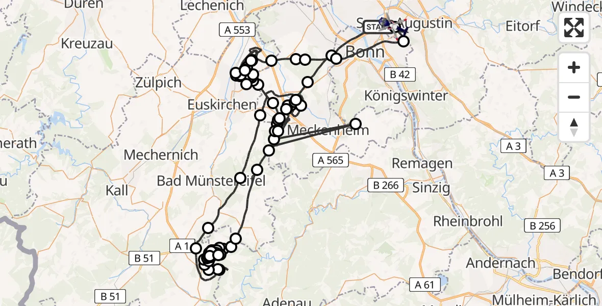Flugroute Polizeihubschrauber Bonn - Bonn-Hangelar Flugplatz, 13 Juli 2026, 07:43