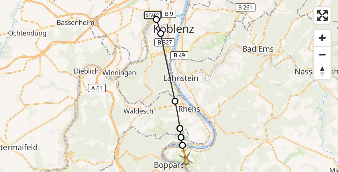 Flugroute Rettungshubschrauber Koblenz - Kamp-Bornhofen, 13 Juli 2026, 07:45