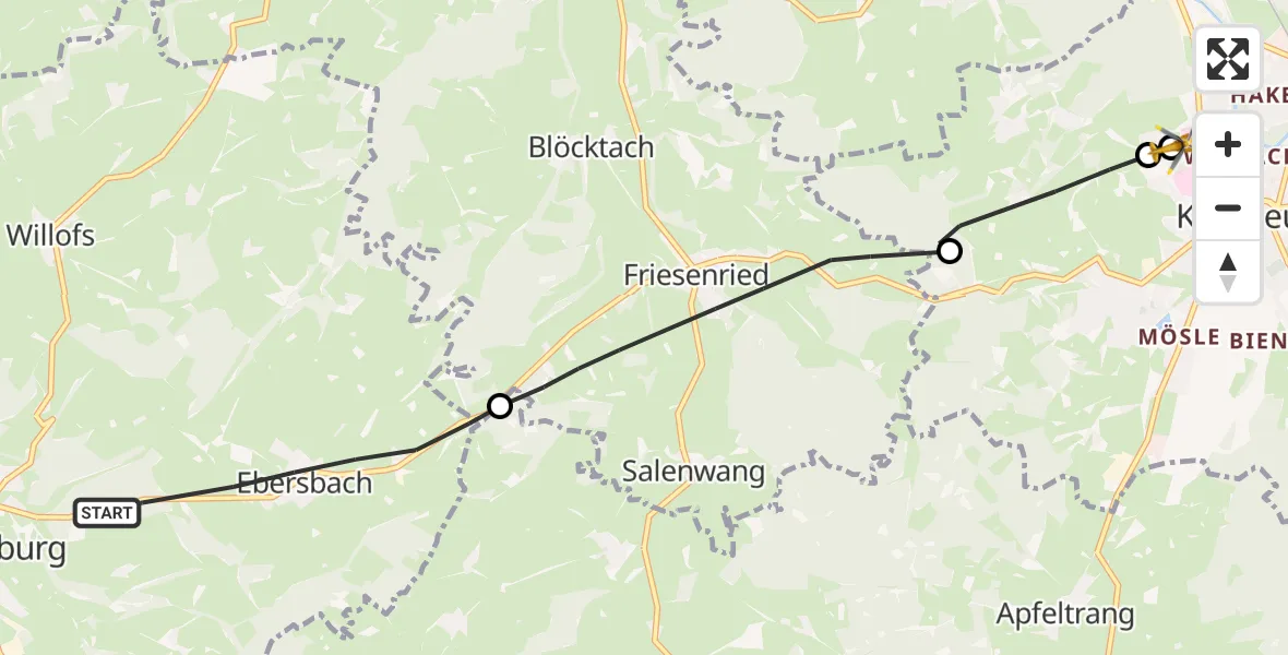 Flugroute Rettungshubschrauber Obergünzburg - Ostallgäu-Kaufbeuren Hospital, 13 Juli 2026, 07:46