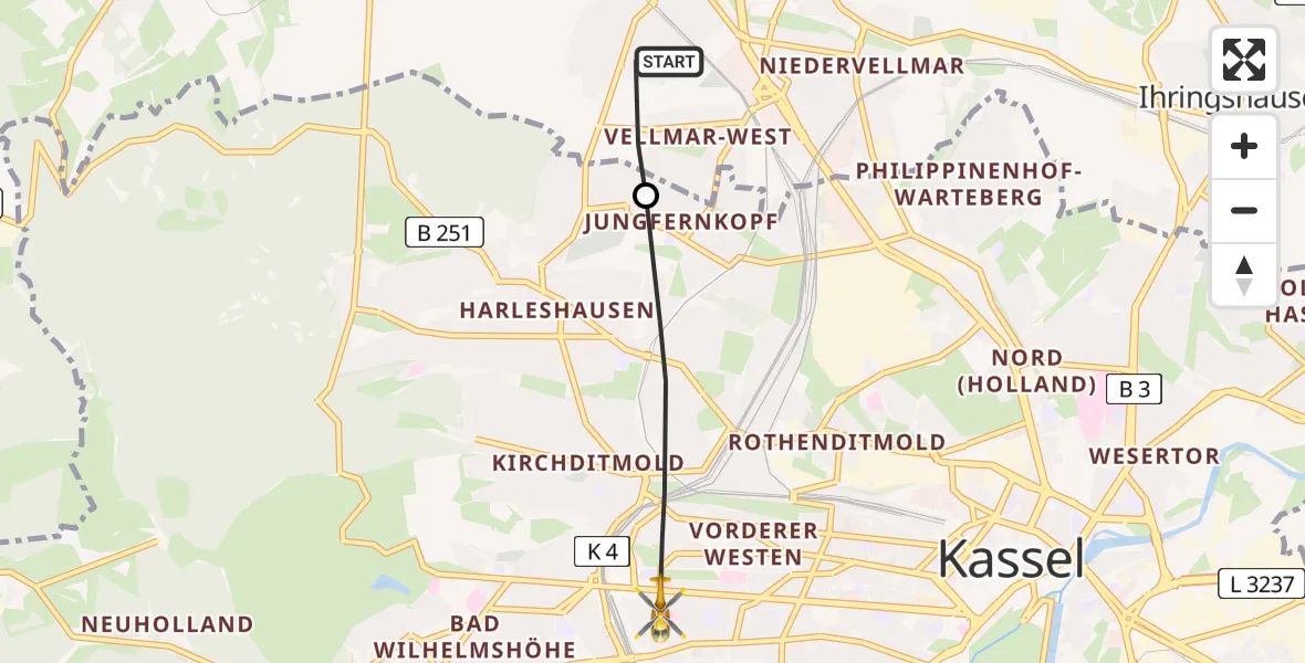 Flugroute Rettungshubschrauber Vellmar - Kassel, 13 Juli 2026, 07:50