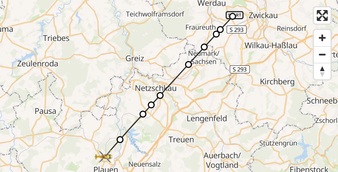Flugroute Rettungshubschrauber ADAC Air Rescue Station Zwickau Hubschrauberlandeplatz - Plauen, 13 Juli 2026, 07:50