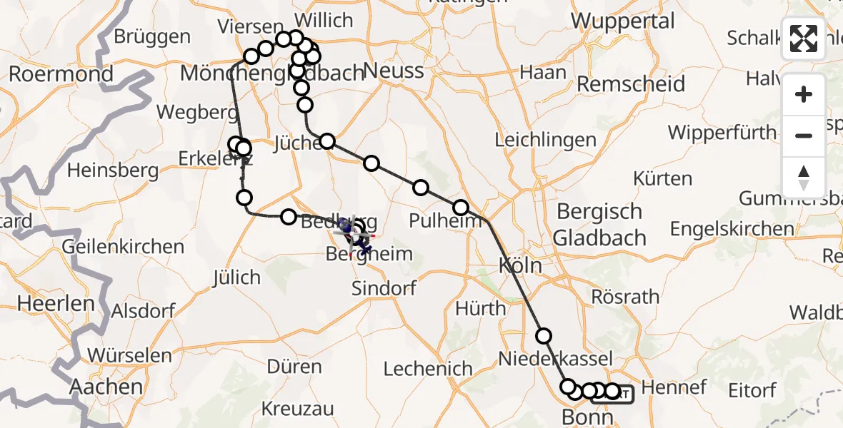 Flugroute Polizeihubschrauber Sankt Augustin - Bergheim Flugplatz, 13 Juli 2026, 07:51