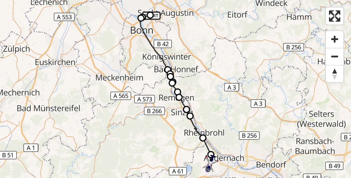 Flugroute Polizeihubschrauber Sankt Augustin - Andernach, 13 Juli 2026, 07:51