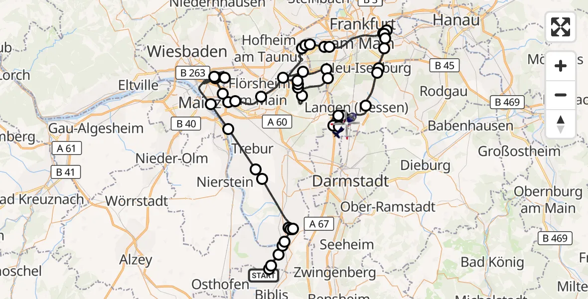Flugroute Polizeihubschrauber Worms - Flughafen Frankfurt-Egelsbach, 13 Juli 2026, 07:54