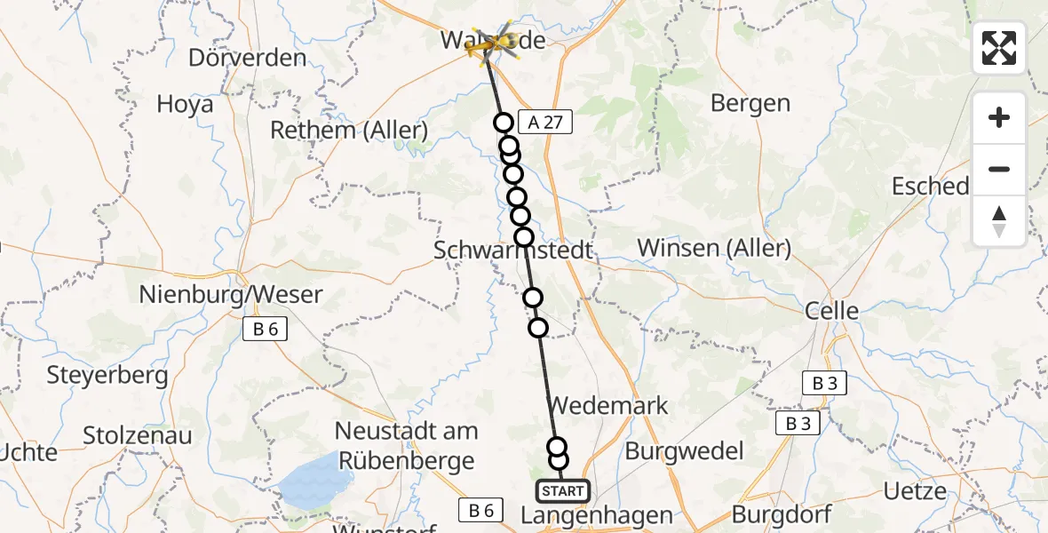 Flugroute Rettungshubschrauber Flughafen Hannover - Walsrode, 13 Juli 2026, 07:54