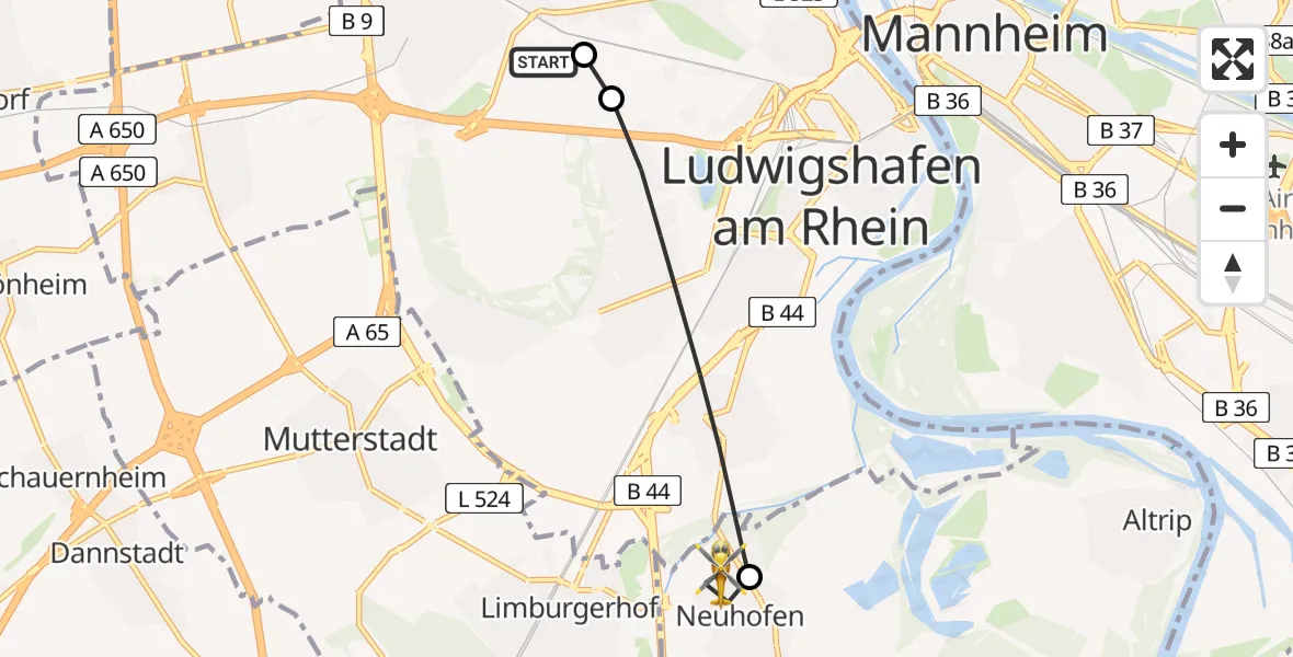 Flugroute Rettungshubschrauber Ludwigshafen Accident Hospital - Neuhofen, 13 Juli 2026, 07:55