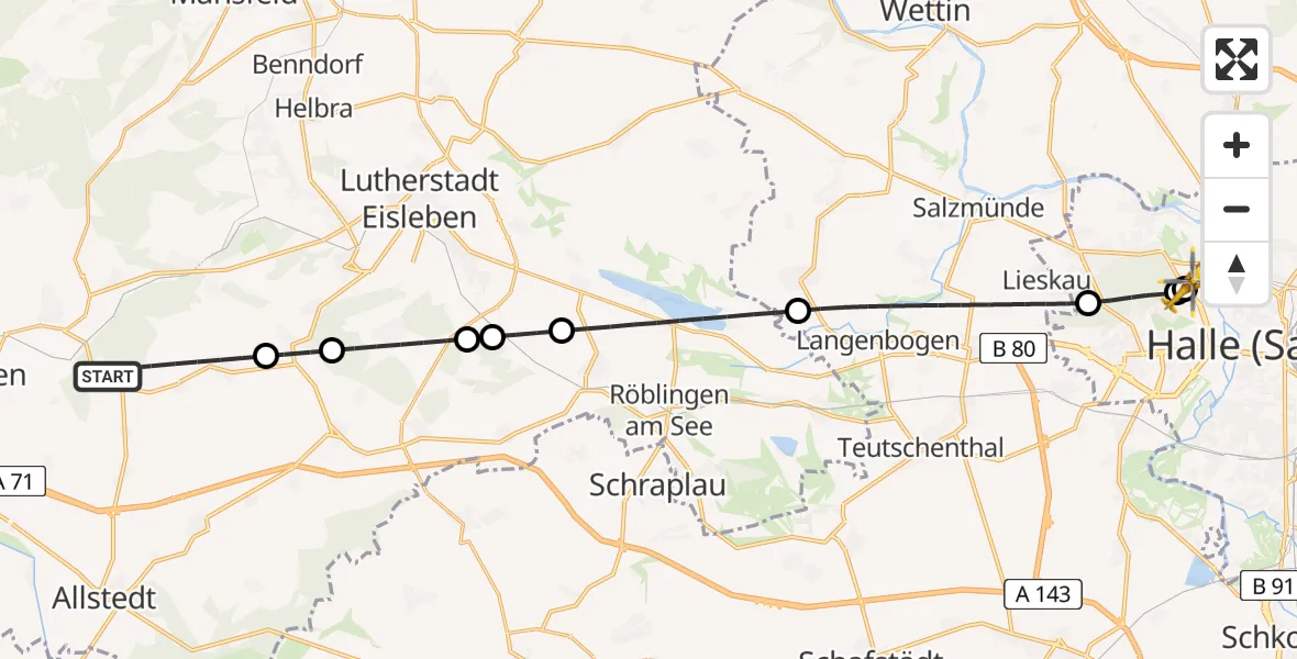 Flugroute Rettungshubschrauber Allstedt - Halle (Saale) University Hospital, 13 Juli 2026, 07:55