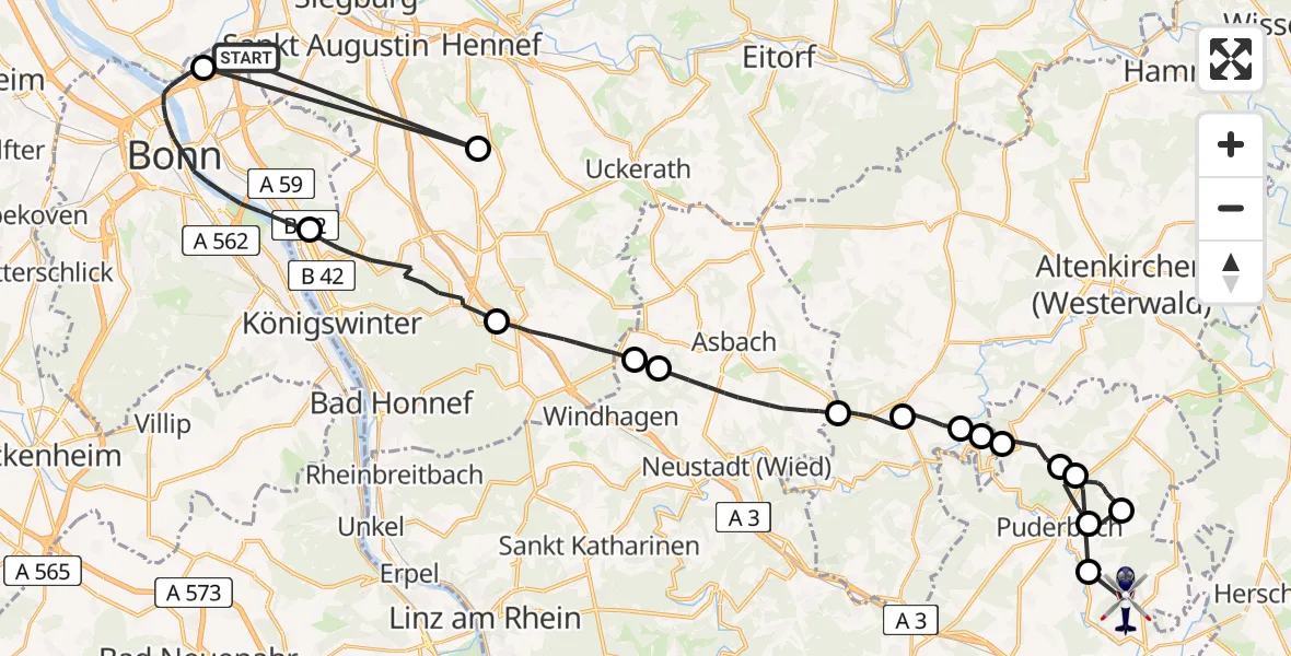 Flugroute Polizeihubschrauber Sankt Augustin - Raubach, 13 Juli 2026, 07:56