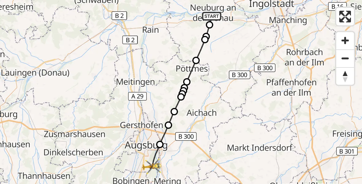 Flugroute Rettungshubschrauber Neuburg a.d.Donau - Augsburg, 13 Juli 2026, 08:00
