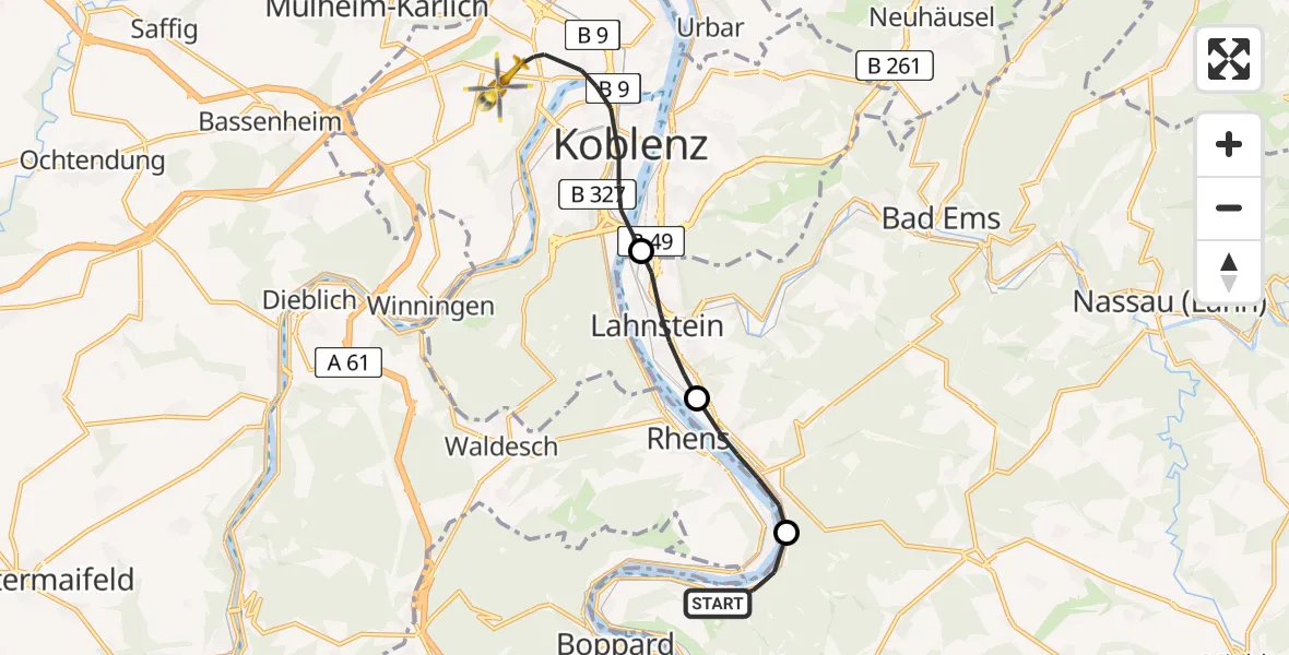 Flugroute Rettungshubschrauber Osterspai - Koblenz, 13 Juli 2026, 08:07