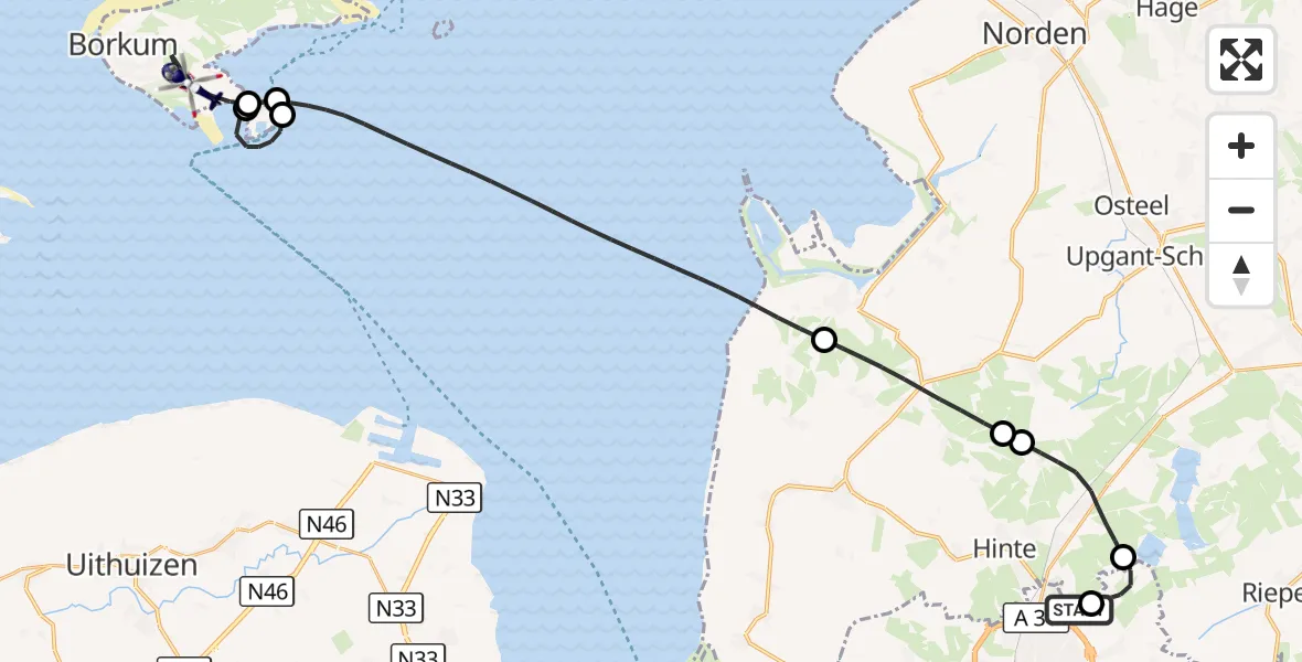 Flugroute Polizeihubschrauber Emden Flughafen - Noordzee, 13 Juli 2026, 08:07