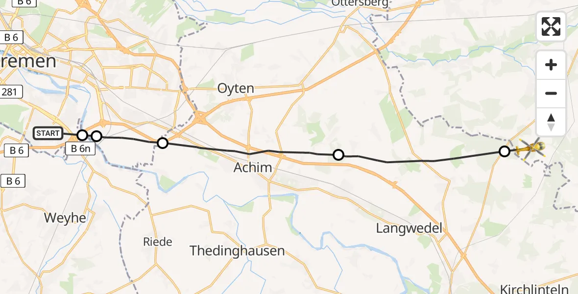 Flugroute Rettungshubschrauber Bremen - Ahausen, 13 Juli 2026, 08:10