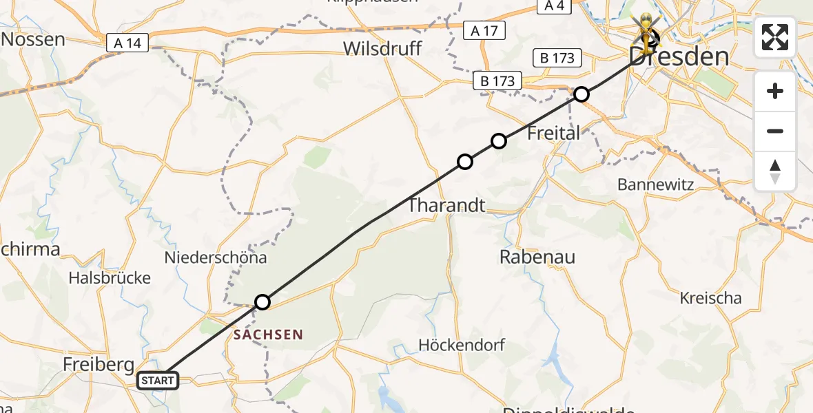 Flugroute Rettungshubschrauber Bobritzsch-Hilbersdorf - Dresden Friedrichstadt Hospital, 13 Juli 2026, 08:13