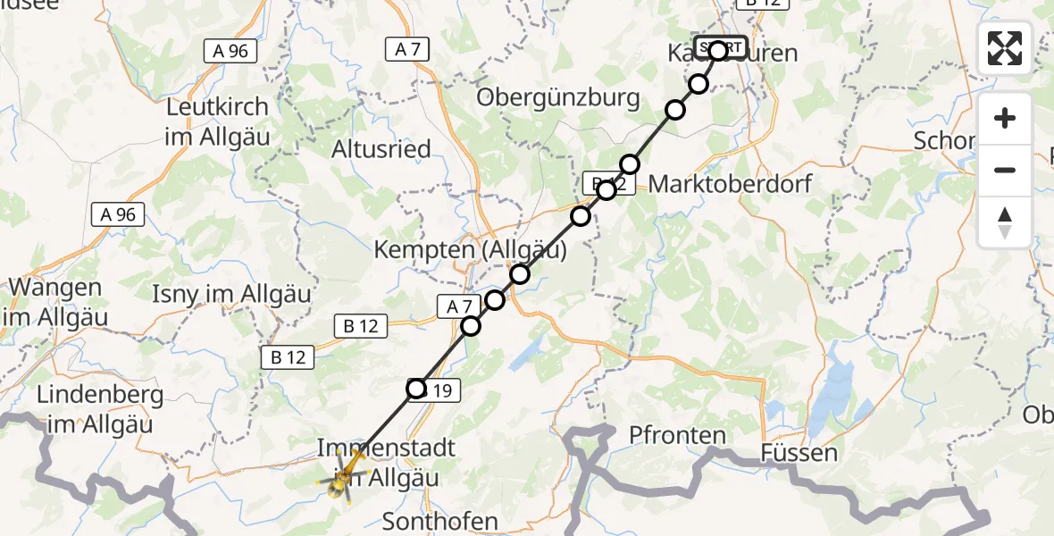 Flugroute Rettungshubschrauber Ostallgäu-Kaufbeuren Hospital - Immenstadt i.Allgäu, 13 Juli 2026, 08:13