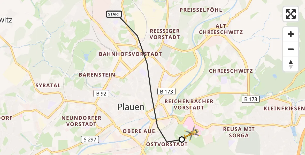 Flugroute Rettungshubschrauber Plauen - Helios Clinic Plauen, 13 Juli 2026, 08:20