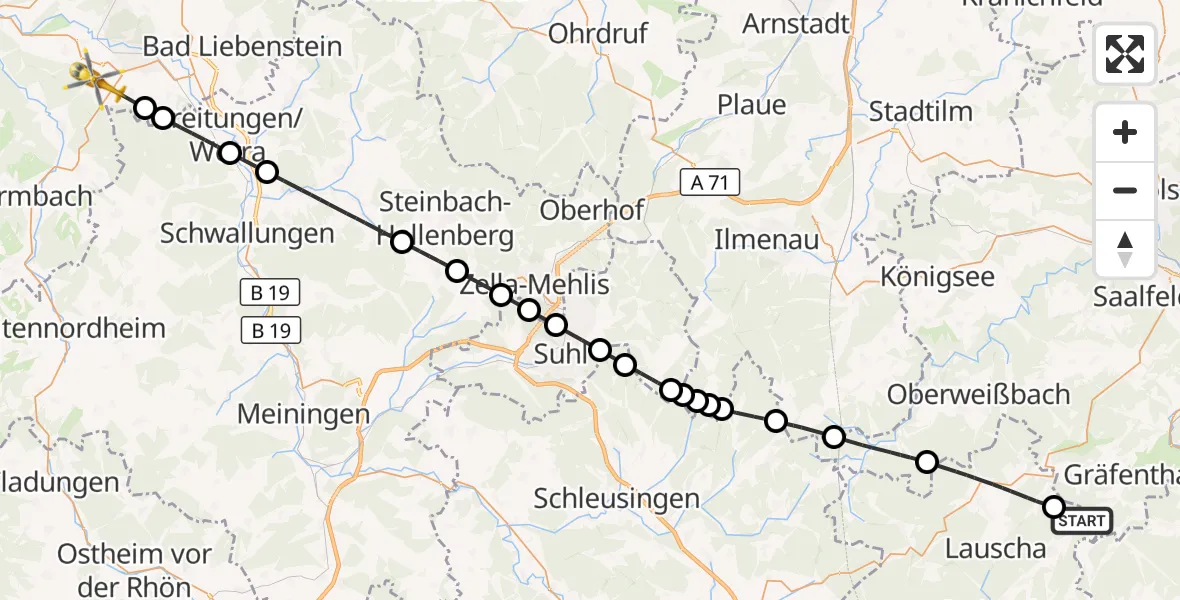 Flugroute Rettungshubschrauber Sonneberg - Bad Salzungen, 13 Juli 2026, 08:20