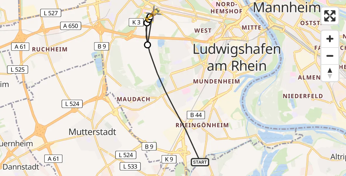 Flugroute Rettungshubschrauber Ludwigshafen am Rhein - Ludwigshafen Accident Hospital, 13 Juli 2026, 08:22