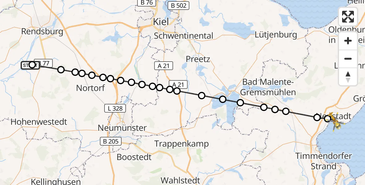 Flugroute Ambulanzhubschrauber Hörsten - Neustadt in Holstein, 13 Juli 2026, 08:28