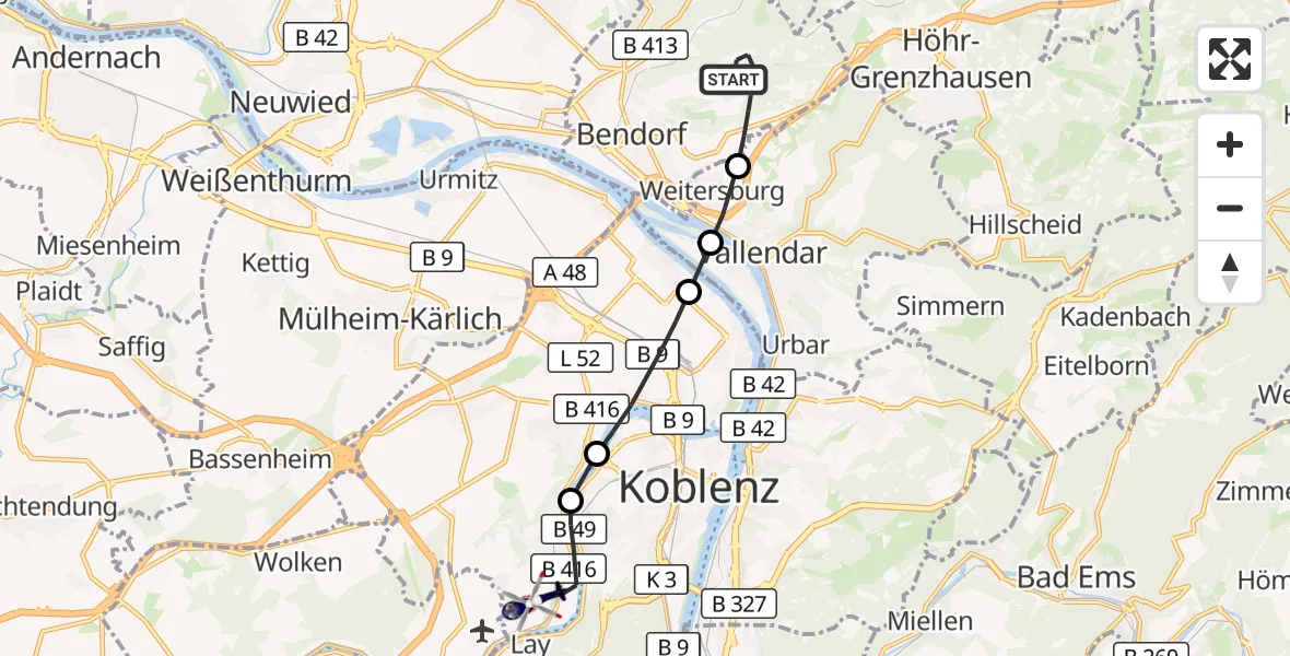 Flugroute Polizeihubschrauber Bendorf - Koblenz, 13 Juli 2026, 08:29