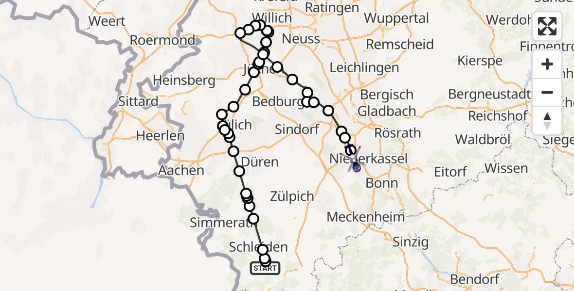 Flugroute Polizeihubschrauber Kall - Wesseling, 13 Juli 2026, 08:31