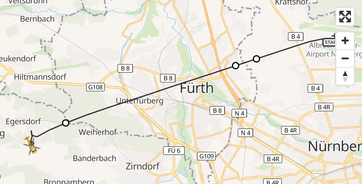 Flugroute Ambulanzhubschrauber Flughafen Nuremberg - Cadolzburg, 13 Juli 2026, 08:32