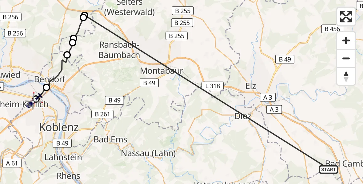 Flugroute Polizeihubschrauber Hünfelden - Koblenz, 13 Juli 2026, 08:37