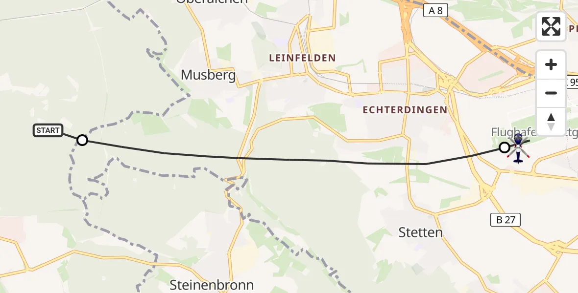 Flugroute Polizeihubschrauber Böblingen - Flughafen Stuttgart, 13 Juli 2026, 08:39