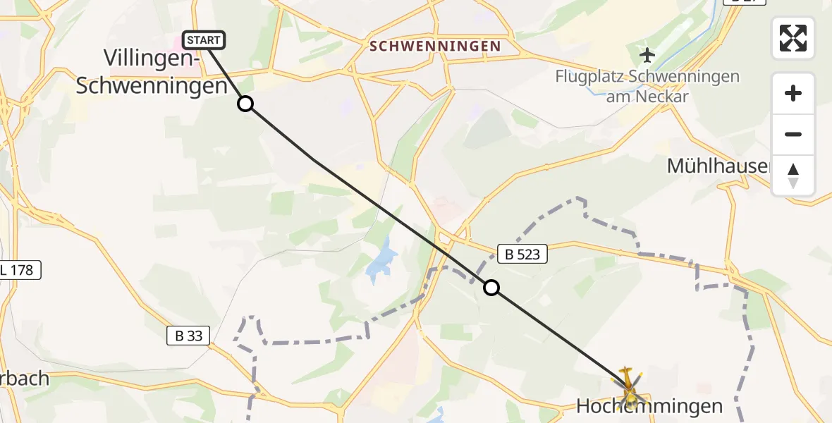 Flugroute Ambulanzhubschrauber DRF Air Rescue Station Villingen-Schwenningen Hubschrauberlandeplatz (Christoph 11) - Bad Dürrheim, 13 Juli 2026, 08:40