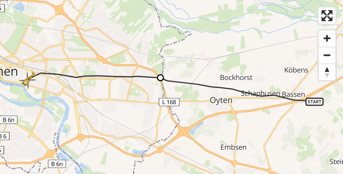 Flugroute Rettungshubschrauber Oyten - Bremen, 13 Juli 2026, 08:42