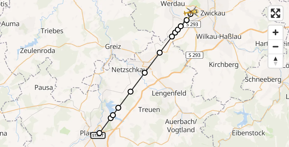 Flugroute Rettungshubschrauber Helios Clinic Plauen - ADAC Air Rescue Station Zwickau Hubschrauberlandeplatz, 13 Juli 2026, 08:45