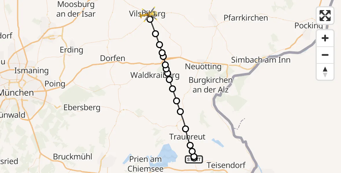 Flugroute Rettungshubschrauber Traunstein Hospital - Vilsbiburg, 13 Juli 2026, 08:47