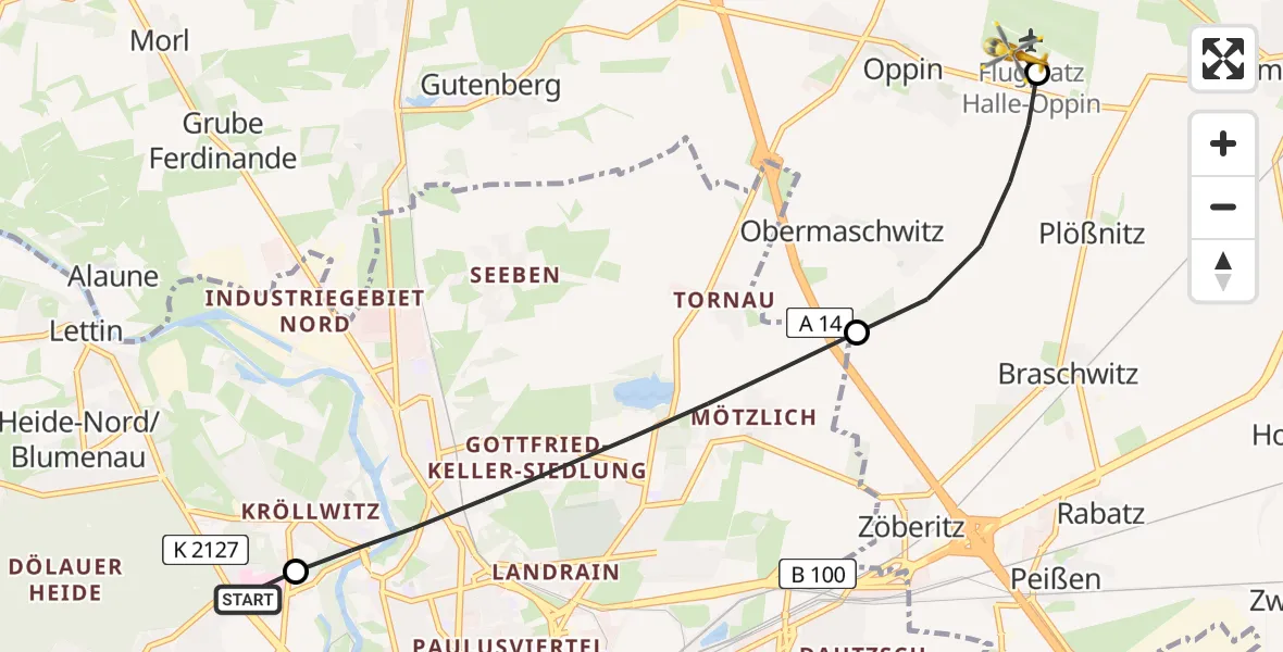 Flugroute Rettungshubschrauber Halle (Saale) University Hospital - Halle-Oppin Flugplatz, 13 Juli 2026, 08:49