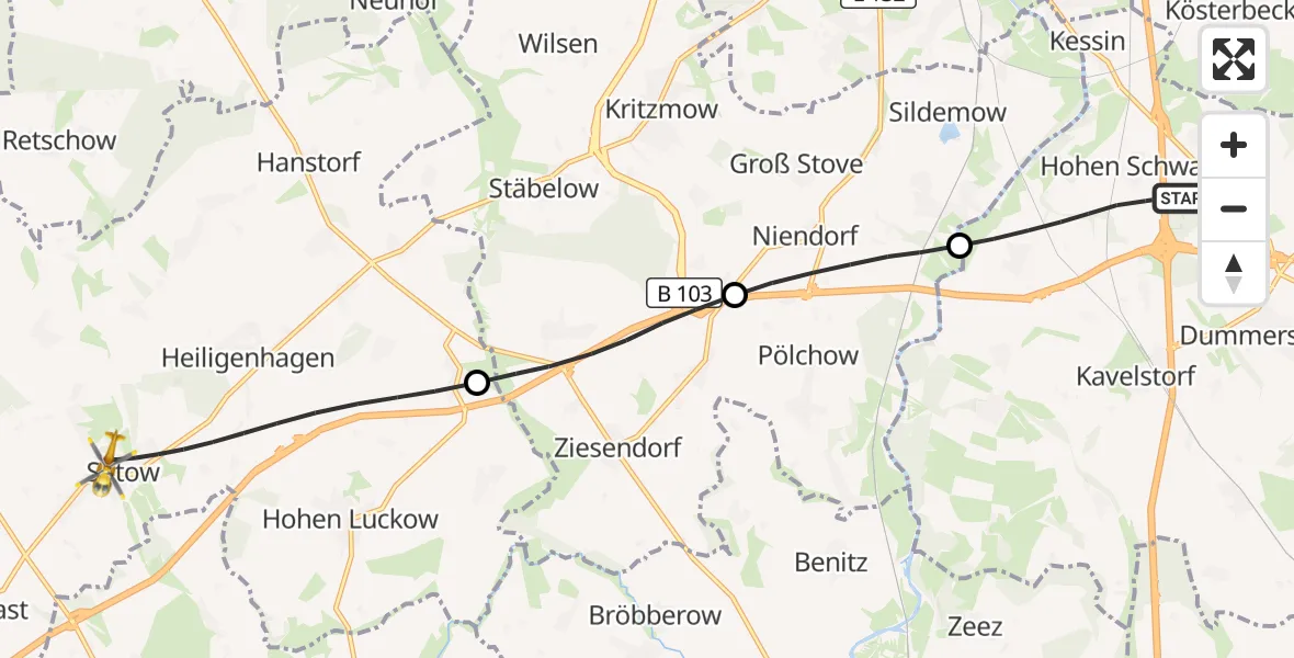 Flugroute Ambulanzhubschrauber Dummerstorf - Satow, 13 Juli 2026, 08:49