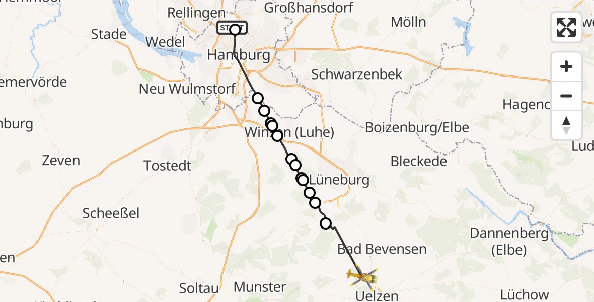 Flugroute Rettungshubschrauber Hamburg Helmut Schmidt Flughafen - Uelzen, 13 Juli 2026, 08:53