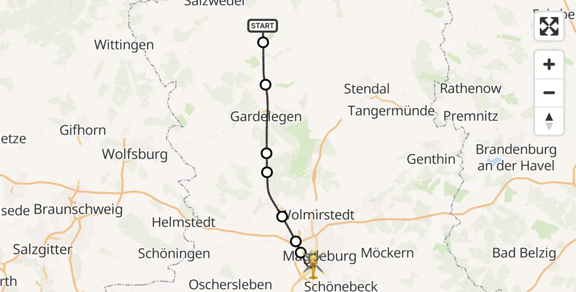 Flugroute Rettungshubschrauber Arendsee (Altmark) - Magdeburg, 13 Juli 2026, 08:53
