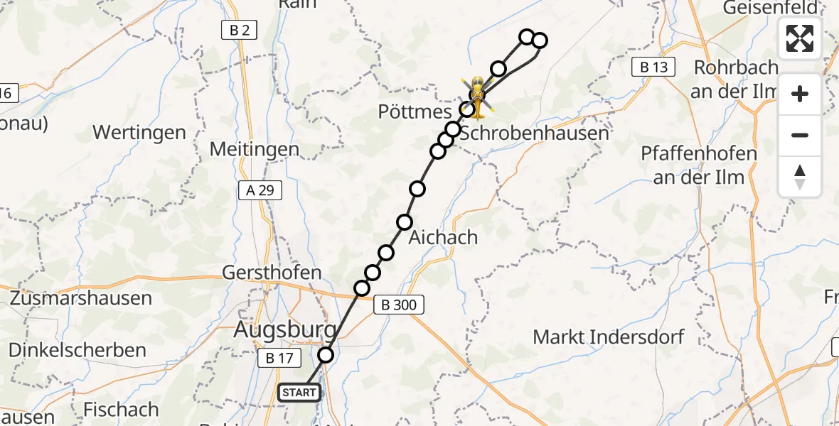 Flugroute Rettungshubschrauber Augsburg - Langenmosen, 13 Juli 2026, 08:53