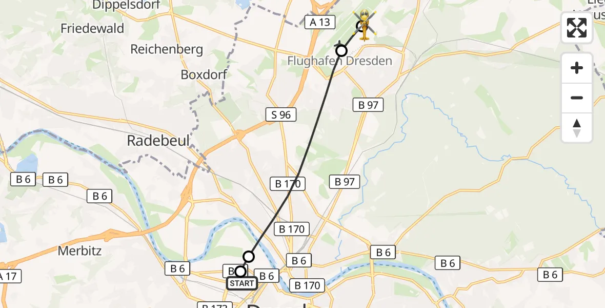 Flugroute Rettungshubschrauber Dresden Friedrichstadt Hospital - Dresden Bundespolizei Hubschrauberlandeplatz, 13 Juli 2026, 08:55