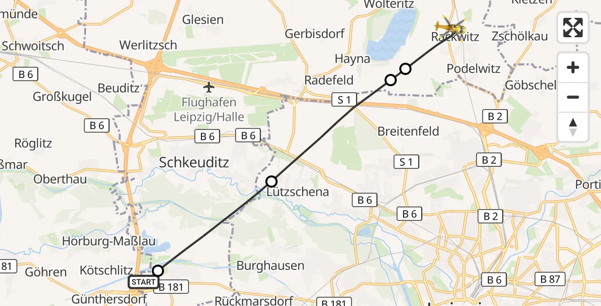 Flugroute Rettungshubschrauber ADAC Air Rescue Station Leipzig/Schkeuditz-Dölzig Hubschrauberlandeplatz (Christoph 61) - Rackwitz, 13 Juli 2026, 08:57