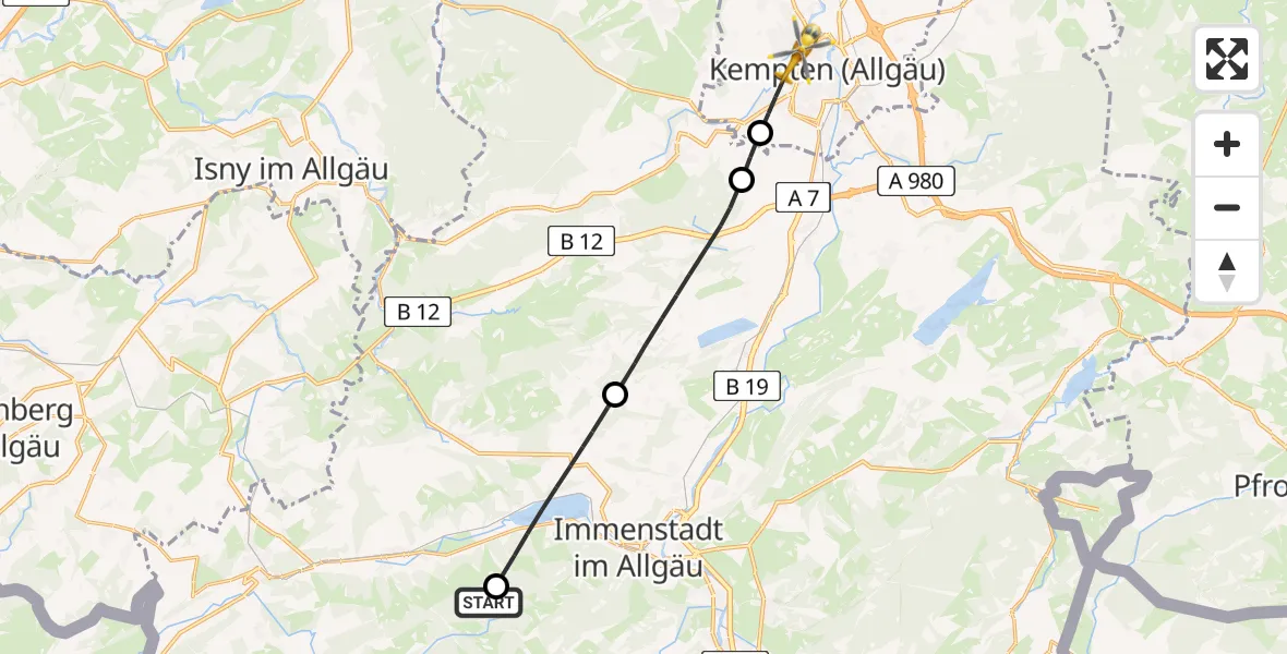 Flugroute Rettungshubschrauber Oberstaufen - Kempten (Allgäu), 13 Juli 2026, 08:58