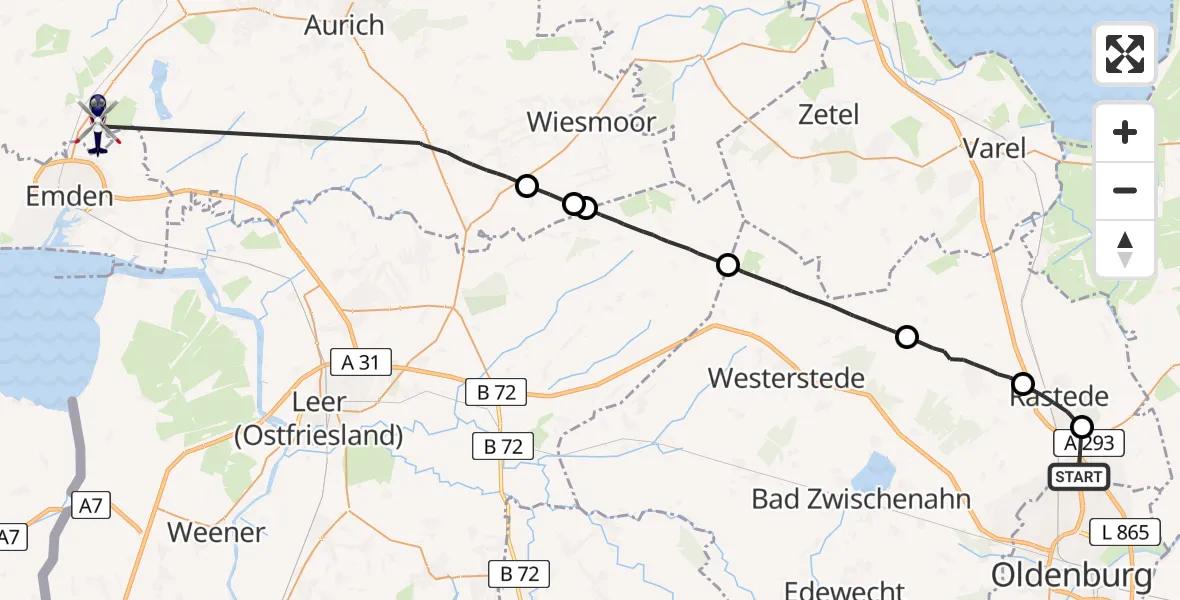 Flugroute Polizeihubschrauber Oldenburg (Oldb) - Hinte, 13 Juli 2026, 08:59