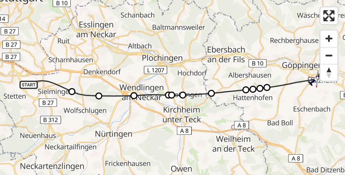 Flugroute Polizeihubschrauber Flughafen Stuttgart - Göppingen, 13 Juli 2026, 09:02