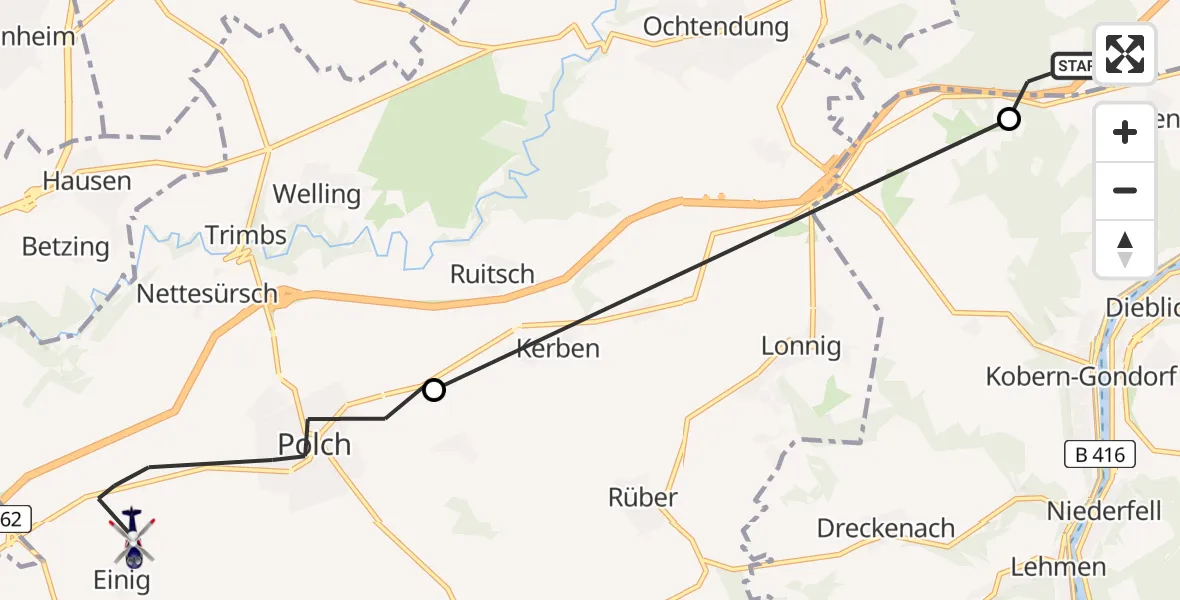 Flugroute Polizeihubschrauber Bassenheim - Einig, 13 Juli 2026, 09:03