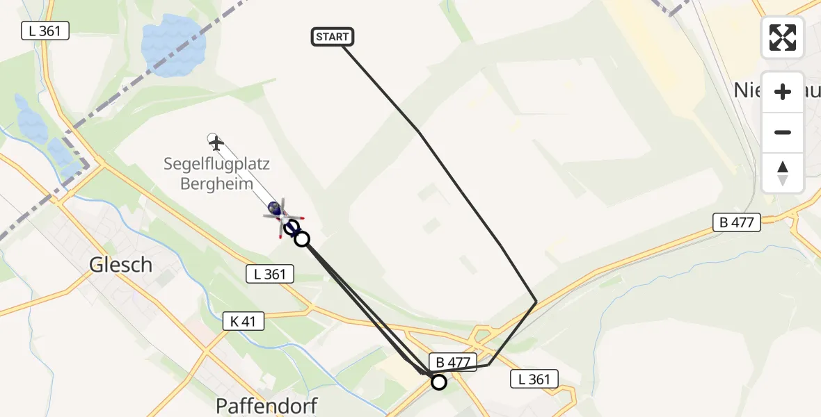 Flugroute Polizeihubschrauber Bergheim - Bergheim Flugplatz, 13 Juli 2026, 09:05