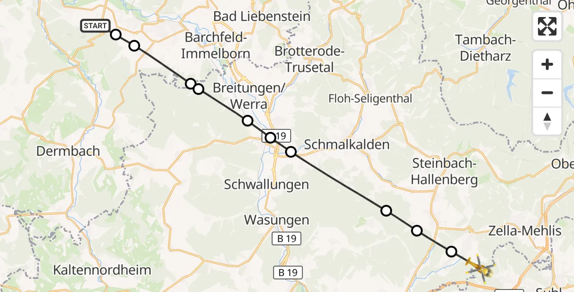 Flugroute Rettungshubschrauber Bad Salzungen - Zella-Mehlis, 13 Juli 2026, 09:05