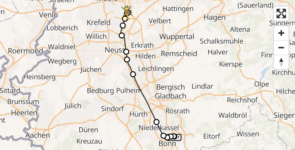 Flugroute Rettungshubschrauber Sankt Augustin - Duisburg Air Rescue Hubschrauberlandeplatz (Christoph 9), 13 Juli 2026, 09:06